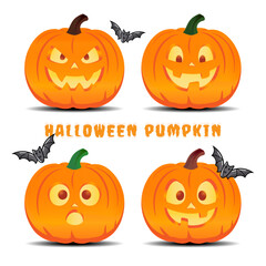 Halloween vector set of 4 carved pumpkin jack-o’-lanterns with 4 expressions and unique glowing faces and bats. Great for seasonal designs, party invites, stickers, and spooky holiday decorations.