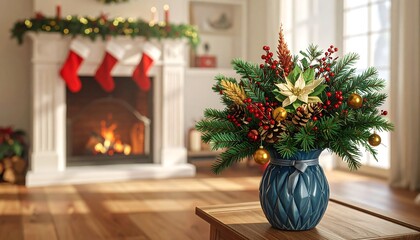 Fototapeta premium Festive Christmas Home Decor with Fireplace and Floral Arrangement