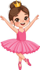 Fototapeta premium Cute little ballerina princess dancing in pink tutu, happy girl wearing crown, ballet performance, kids dance costume, adorable child illustration