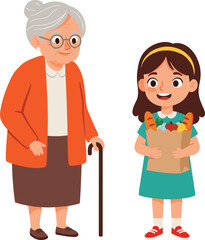 PrintHappy grandmother with walking cane standing beside smiling girl holding grocery bag, family bonding, generations, caring, love, togetherness, shopping, kindness.