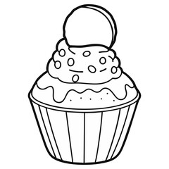 Cookie Topped Cupcake Vector outline on white background