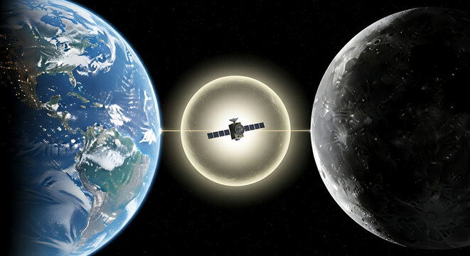 Satellite orbiting earth and moon space exploration digital illustration cosmic environment aerial view technology concepts