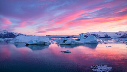 Vibrant Pastel Dreamscape Of Glowing Icebergs And Tranquil Water Under Gradient Pink And Purple Sky At Ethereal Polar Sunset