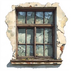 Pixel art boarded-up window with cracks on white background
