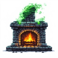Pixel art haunted fireplace with green flame on white background