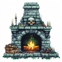 Pixel art haunted fireplace with green flame on white background