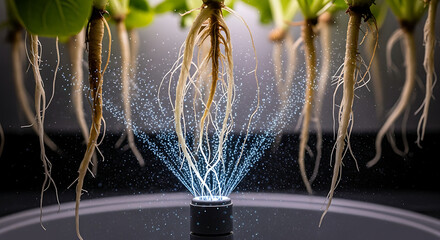 Hydroponic root growth experiment indoor lab scientific study controlled environment close-up view...