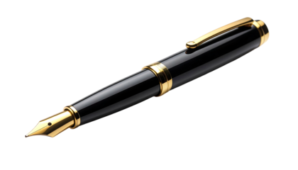 Elegant Black and Gold Fountain Pen Isolated on White Background.