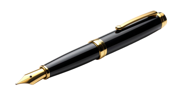 Elegant Black and Gold Fountain Pen Isolated on White Background.