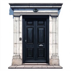 Pixel art mysterious black door with no handle on white background