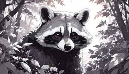 Obraz premium A captivating greyscale artistic depiction of a raccoon amidst a serene, leafy forest