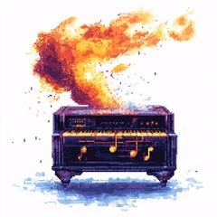 Pixel art music box with ghostly tune notes on white background