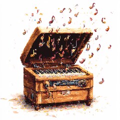 Pixel art music box with ghostly tune notes on white background