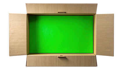 Empty open cardboard delivery box with a green screen bottom isolated on white.