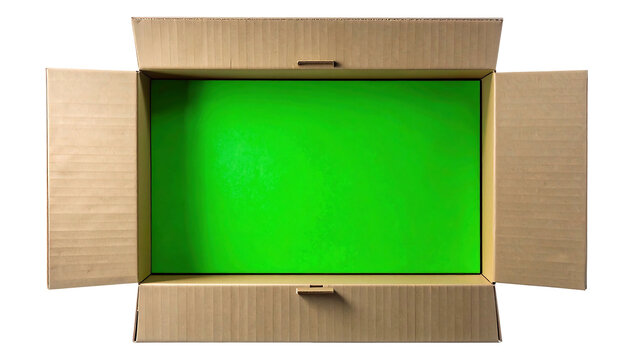 Empty open cardboard delivery box with a green screen bottom isolated on white. - Powered by Adobe