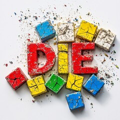 Pixel art broken toy blocks spelling DIE on white background