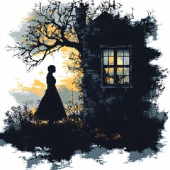 Pixel art shadowy silhouette inside dollhouse window on white background