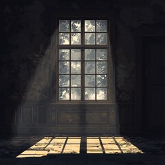 Pixel art shadowy silhouette inside dollhouse window on white background