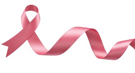 A flowing pink ribbon, a symbol of breast cancer awareness, gracefully curves across a white background.