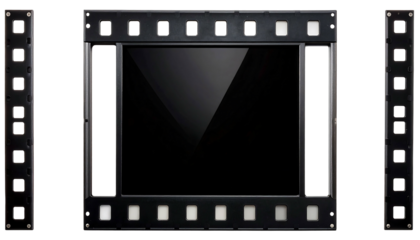 Film strip frame around a black screen cinematic concept.