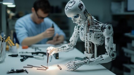 Futuristic robot being repaired by engineer in modern lab setting