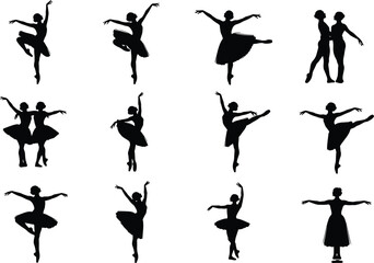 Ballet dancer silhouette set featuring twelve expressive solo and paired poses with classical movements for performing arts and design use © Sopon Creatives