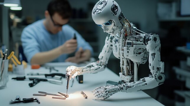 Futuristic robot being repaired by engineer in modern lab setting