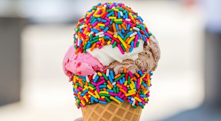 Colorful ice cream cone topped with sprinkles, showcasing three flavors against a blurred outdoor backdrop