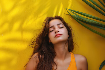 Young woman relaxing with eyes closed against yellow wall and tropical leaves.