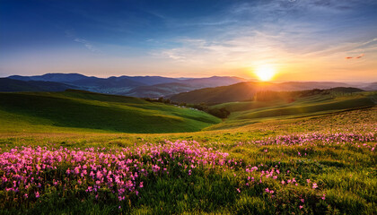 Obraz premium Sunrise Sunset Over Green Fields With Pink Flowers Serene Landscape