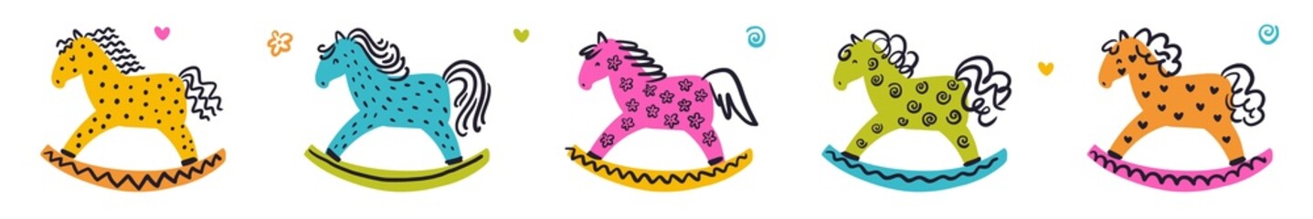 Horizontal illustration from a collection of rocking horses, children's toys, hand-drawn in doodle style

