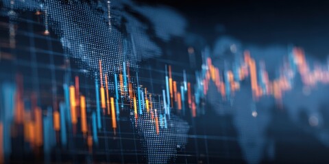 Dynamic global financial market trends visualized with futuristic digital stock chart data and world map overlay