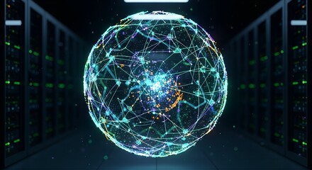 Abstract Glowing Sphere in Server Room Data Visualization and Futuristic Technology Concept