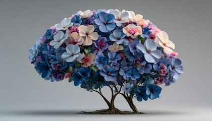 Human brain tree with flowers, self care and mental health concept, positive thinking, creative mind. 
