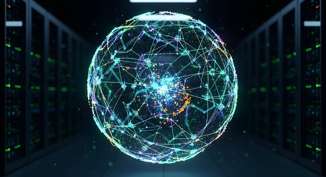 Abstract Glowing Sphere in Server Room Data Visualization and Futuristic Technology Concept