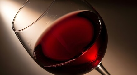 Elegant red wine glass tilted with rich liquid reflecting light, creating a warm ambiance