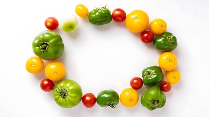 Obraz premium focal. Colorful summer vegetables arranged in a circular pattern, showcasing fresh and vibrant produce. menu design, packaging mockups, designed for food delivery and cloud-kitchen brand materials.