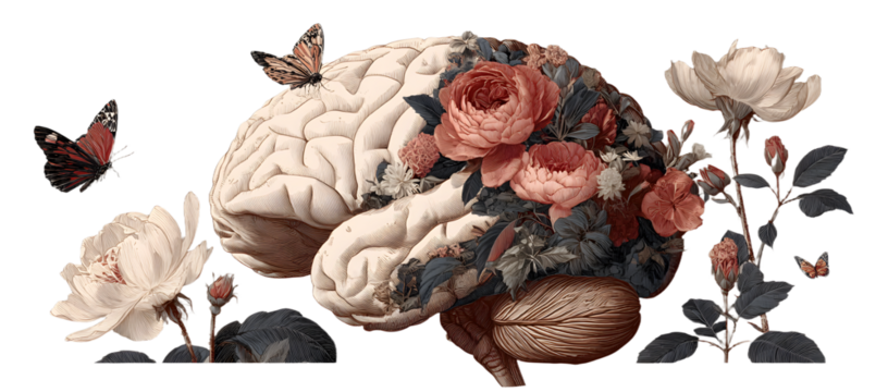Human brain with flowers and butterflies, self care and mental health concept, positive thinking, creative mind,