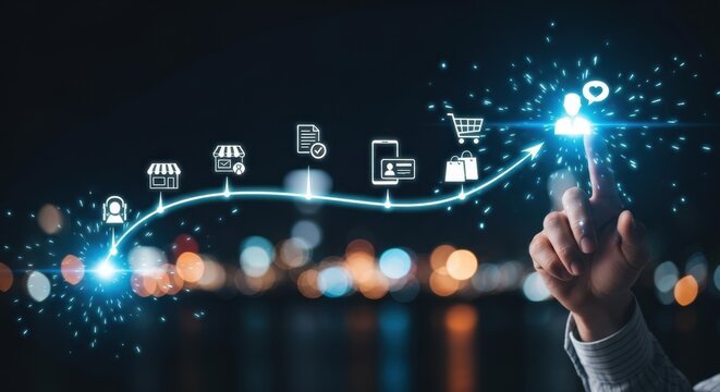 Customer Experience Journey Map Concept. Seamless customer experience. A visual representation of the customer journey from product discovery to purchase and engagement, featuring digital icons.