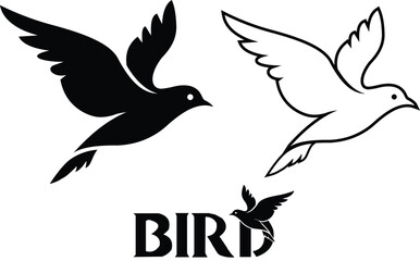 Illustration of black and white silhouette of a bird in flight