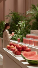 Woman enjoying refreshing fruit smoothie in cafe surrounded by greenery  