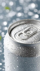 Silver soda can with droplets on blue backgroundб product design banner  