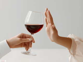Hand rejecting wine glass in modern setting with neutral background, no alcohol banner  
