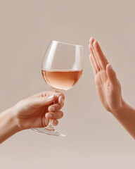 Hand rejecting glass of rosé wine against neutral background  