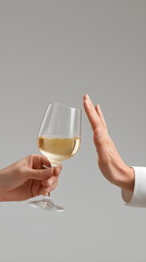 Person refusing a drink while another offers a glass of white wine, no alcohol banner