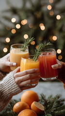 Friends toasting with colorful drinks by a decorated Christmas tree  