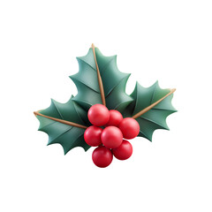 holly berries and leaves 3d style on transparent background