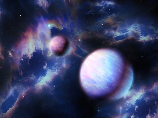 Planet with satellite in space with nebulae. Stardust and clouds of interstellar gas. Exoplanets in the galaxy.
