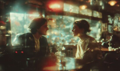 A blurred, warmly-lit cafe scene of a couple