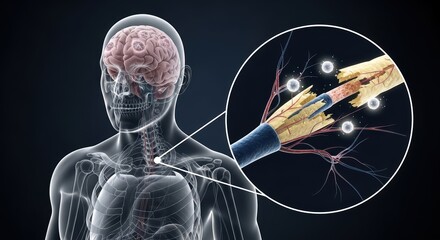 Neurological Damage and Multiple Sclerosis: Microscopic View of a Degenerated Nerve Fiber and Brain in the Human Body, Representing MS, Neuropathy, and Research